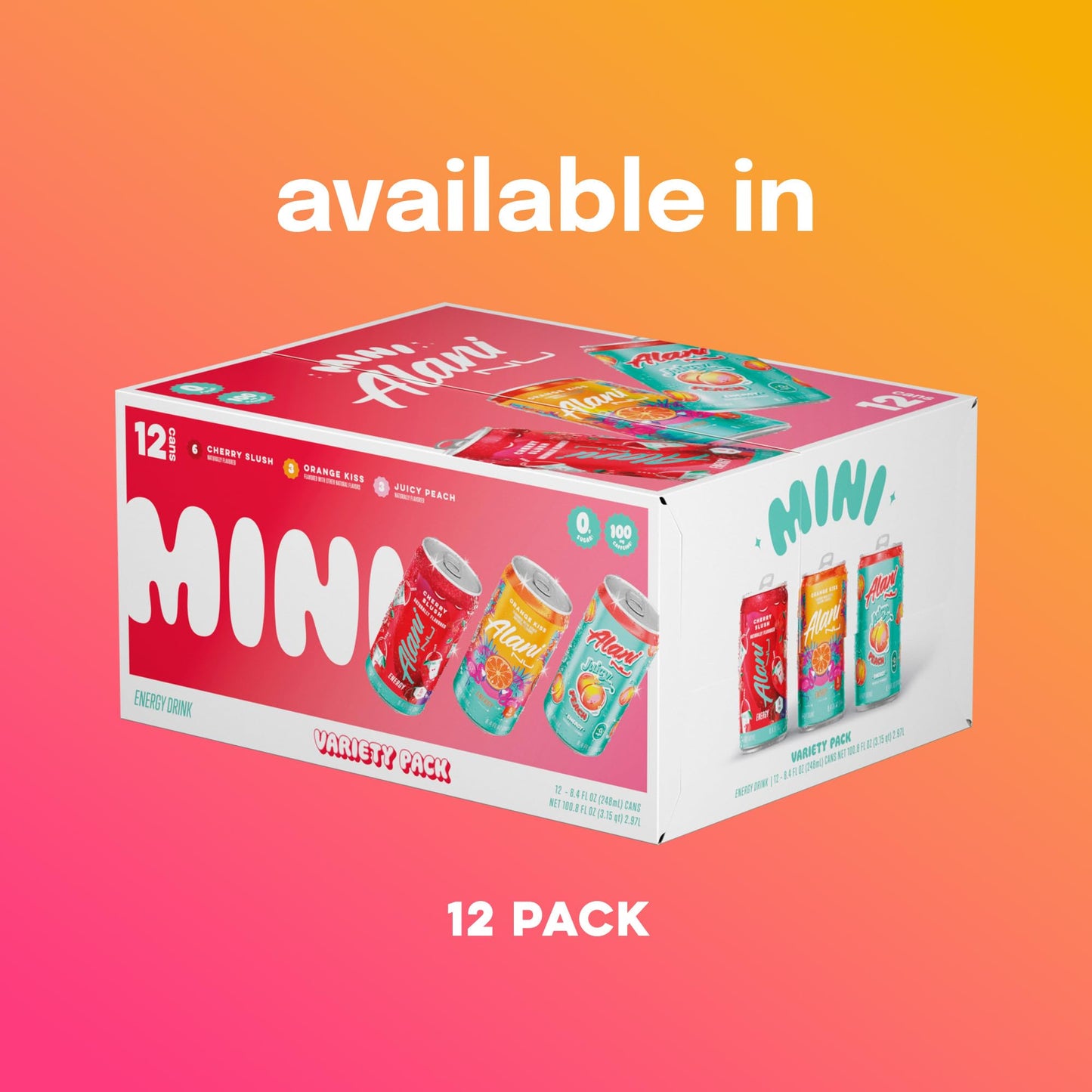 Alani Nu VARIETY PACK (CHERRY SLUSH, JUICY PEACH, ORANGE KISS), Low Calorie Energy Drinks, 100mg Caffeine, Biotin, B Vitamins, Zero Sugar, 10 Calories
