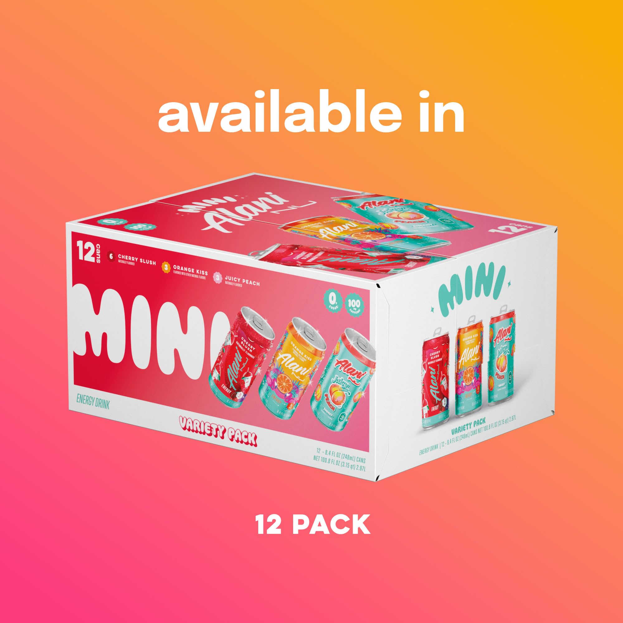 Alani Nu VARIETY PACK (CHERRY SLUSH, JUICY PEACH, ORANGE KISS), Low Calorie Energy Drinks, 100mg Caffeine, Biotin, B Vitamins, Zero Sugar, 10 Calories