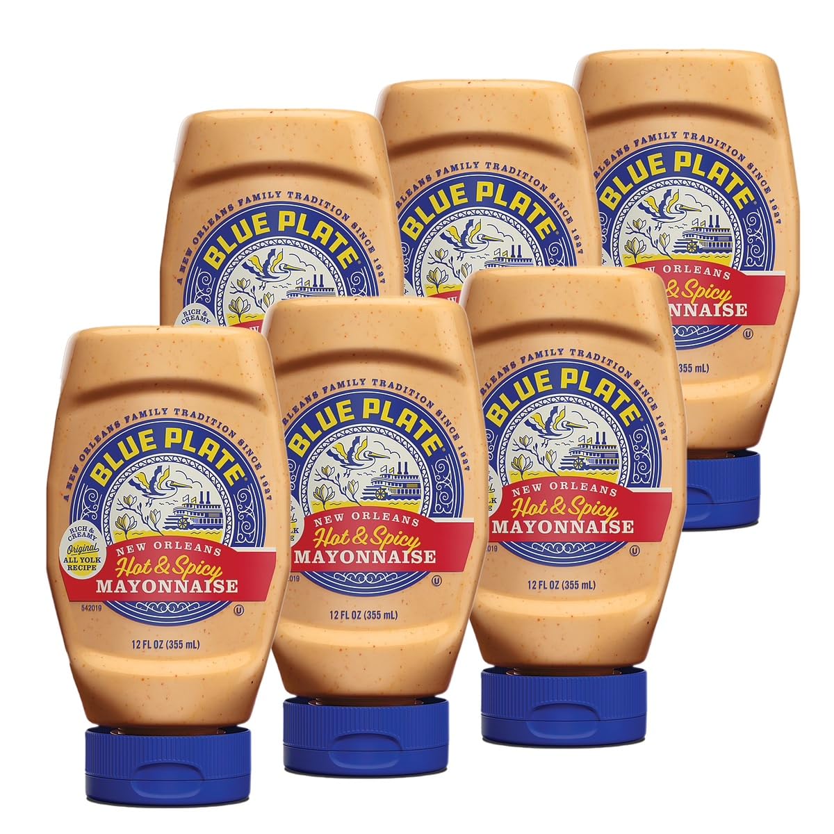 Blue Plate Hot & Spicy Mayonnaise, Rich and Creamy Mayo with a Southern Kick - 12 Fl Oz Squeeze Bottle (Pack of 6)