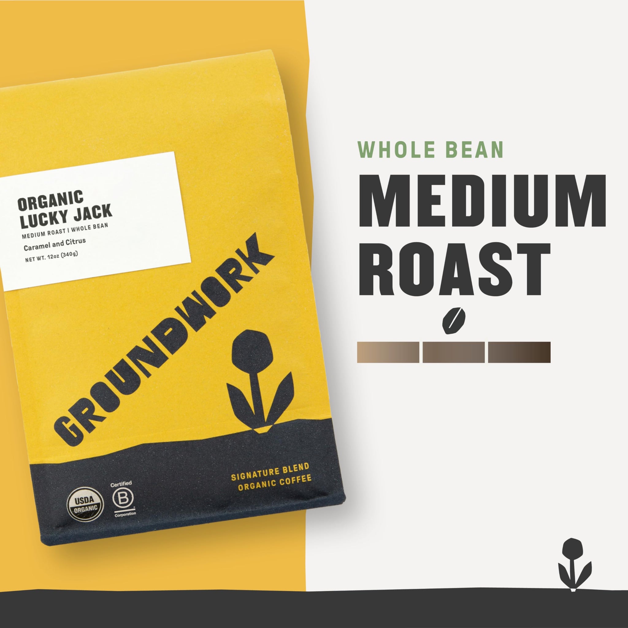 Groundwork USDA Organic Whole Bean Coffee, Lucky Jack, 12 oz Bag
