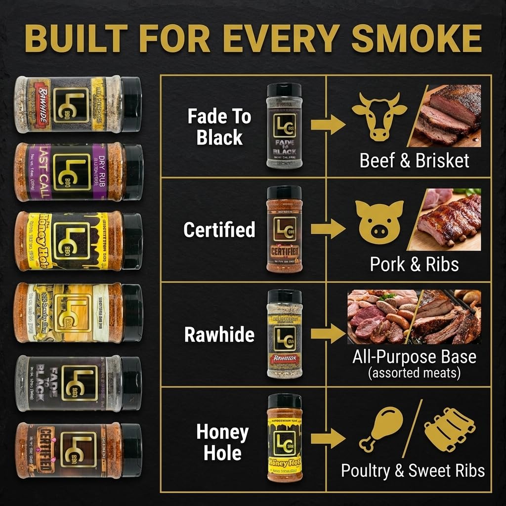 LC BBQ Ultimate Seasoning and Rub Bundle, 6 Pack Variety Set - Rawhide, Last Call, Honey Hole, Texas Hill Country, Fade To Black, Certified