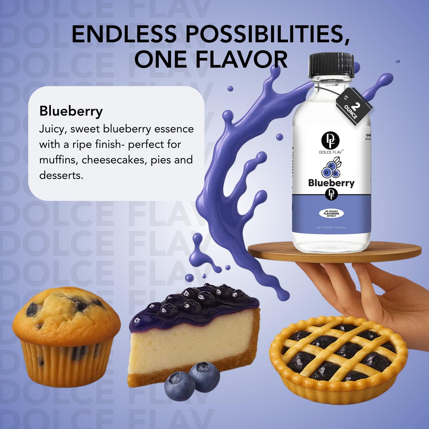 Dolce Flav Blueberry Extract - 8 Ounce Oil-Soluble Kosher, Sugar-Free, Concentrated Ripe Blueberry Flavoring for Baking, Chocolates & Desserts
