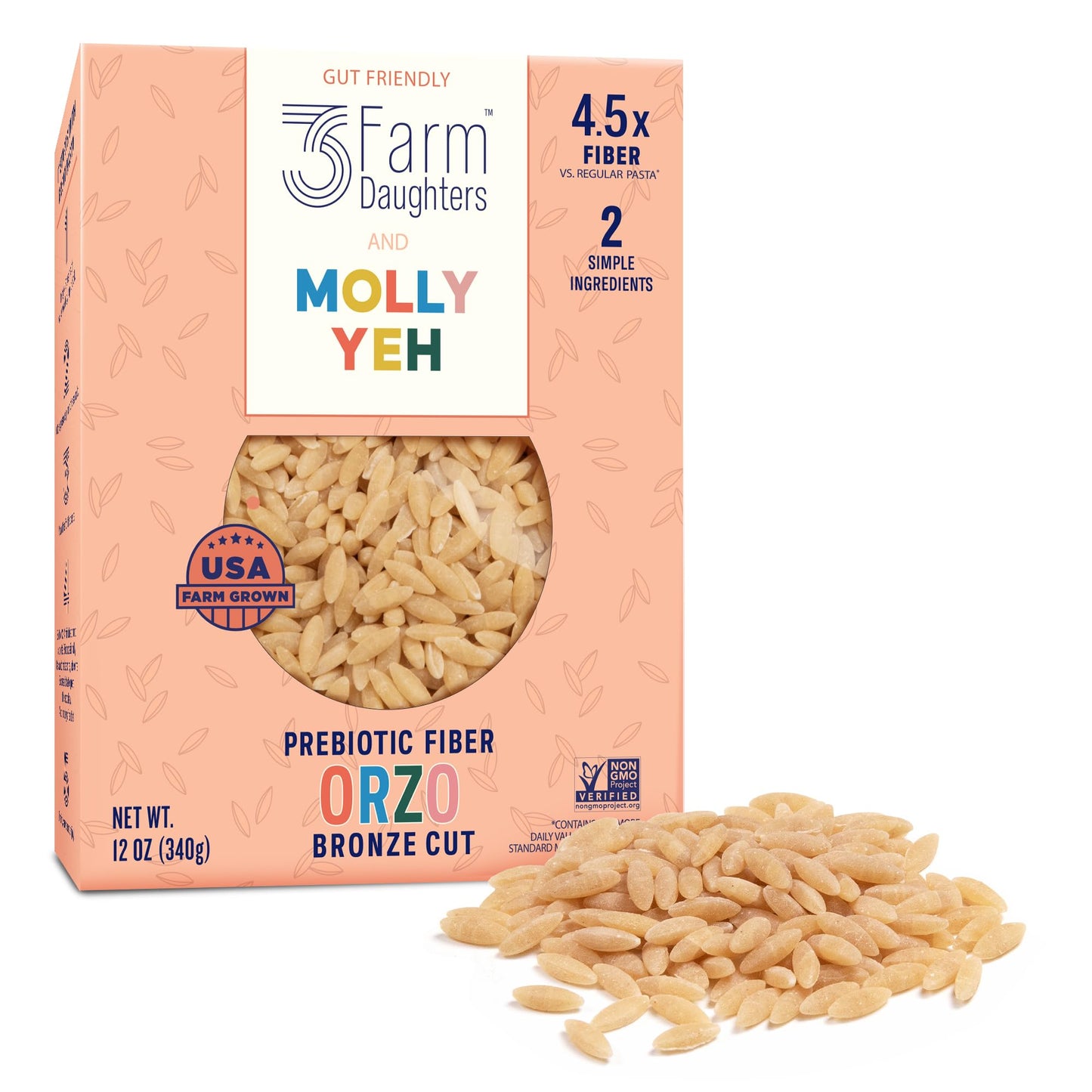 Three Farm Daughters X Molly Yeh High Fiber Orzo Pack, Irresistible, Low GI, Non GMO Orzo Pasta Noodles, Made in the USA from Just 2 Simple