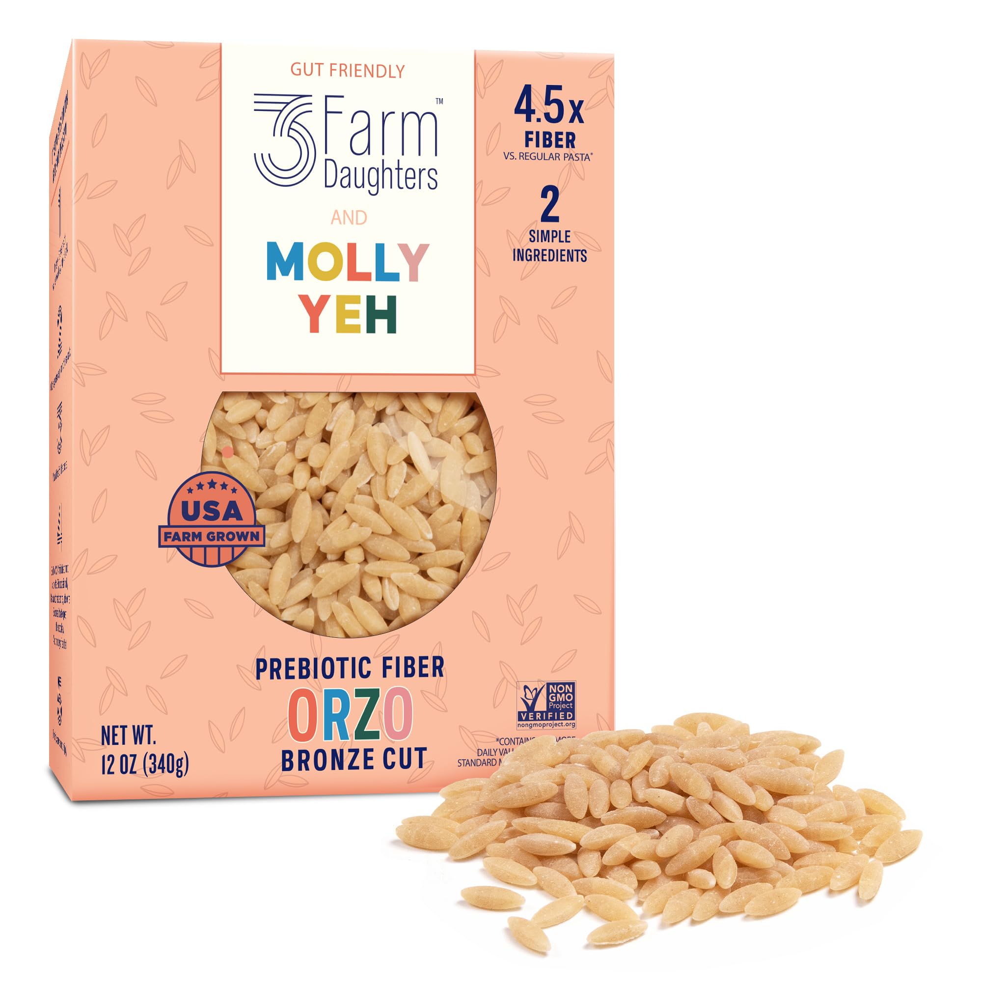 Three Farm Daughters X Molly Yeh High Fiber Orzo Pack, Irresistible, Low GI, Non GMO Orzo Pasta Noodles, Made in the USA from Just 2 Simple