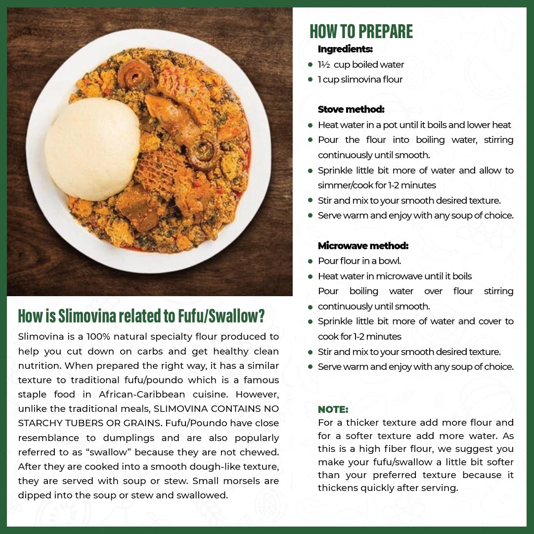 Dals Foods Healthy Nutritious Fufu, Slimovina | 100% Natural Flour, Low-Carb, Plant-Based Fiber & Protein Blend, Gluten Free Baking & Cooking, Grain Free | Keto Substitute to Grains & Starch| Packaged in USA