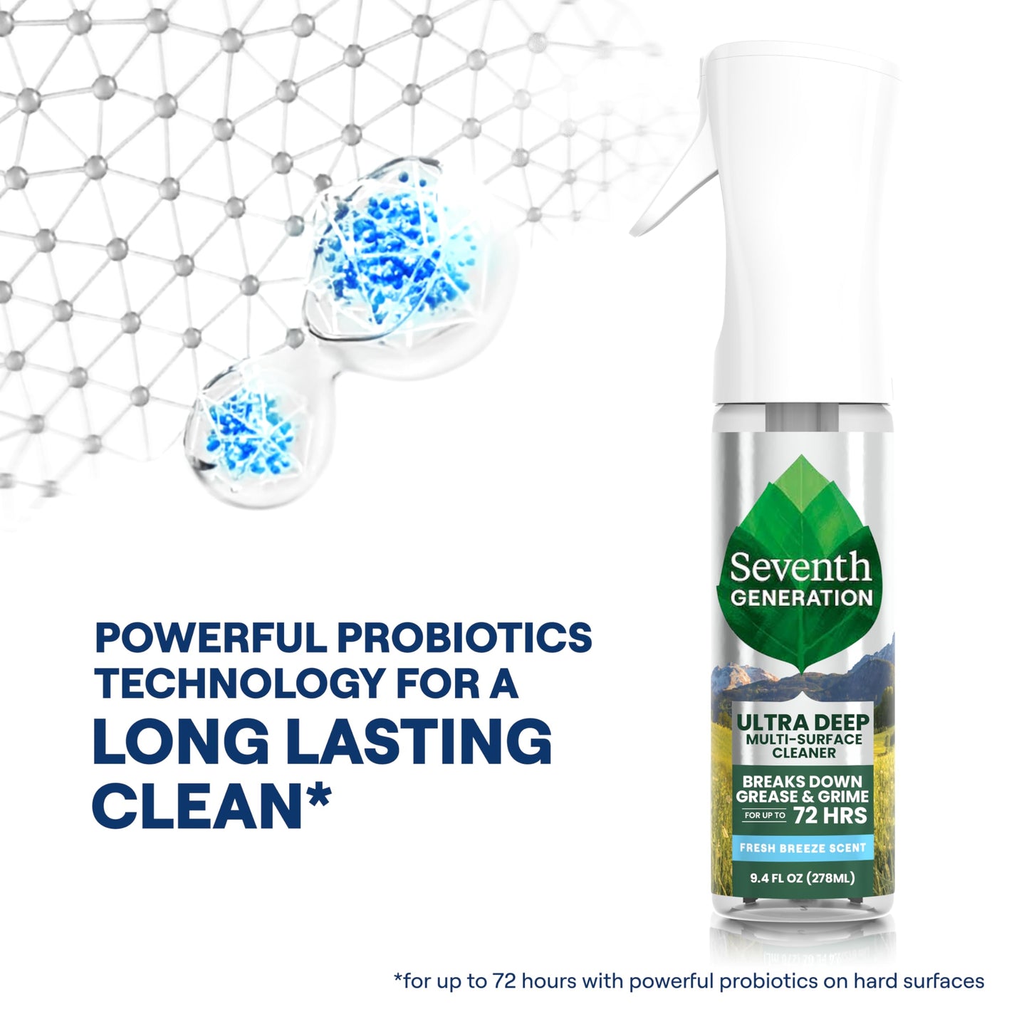 Seventh Generation Ultra Deep Probiotic Multi Surface Cleaner, 9.4 Fl Oz, Fresh Breeze, 80% USDA Biobased All Purpose Cleaning Spray, Breaks Down
