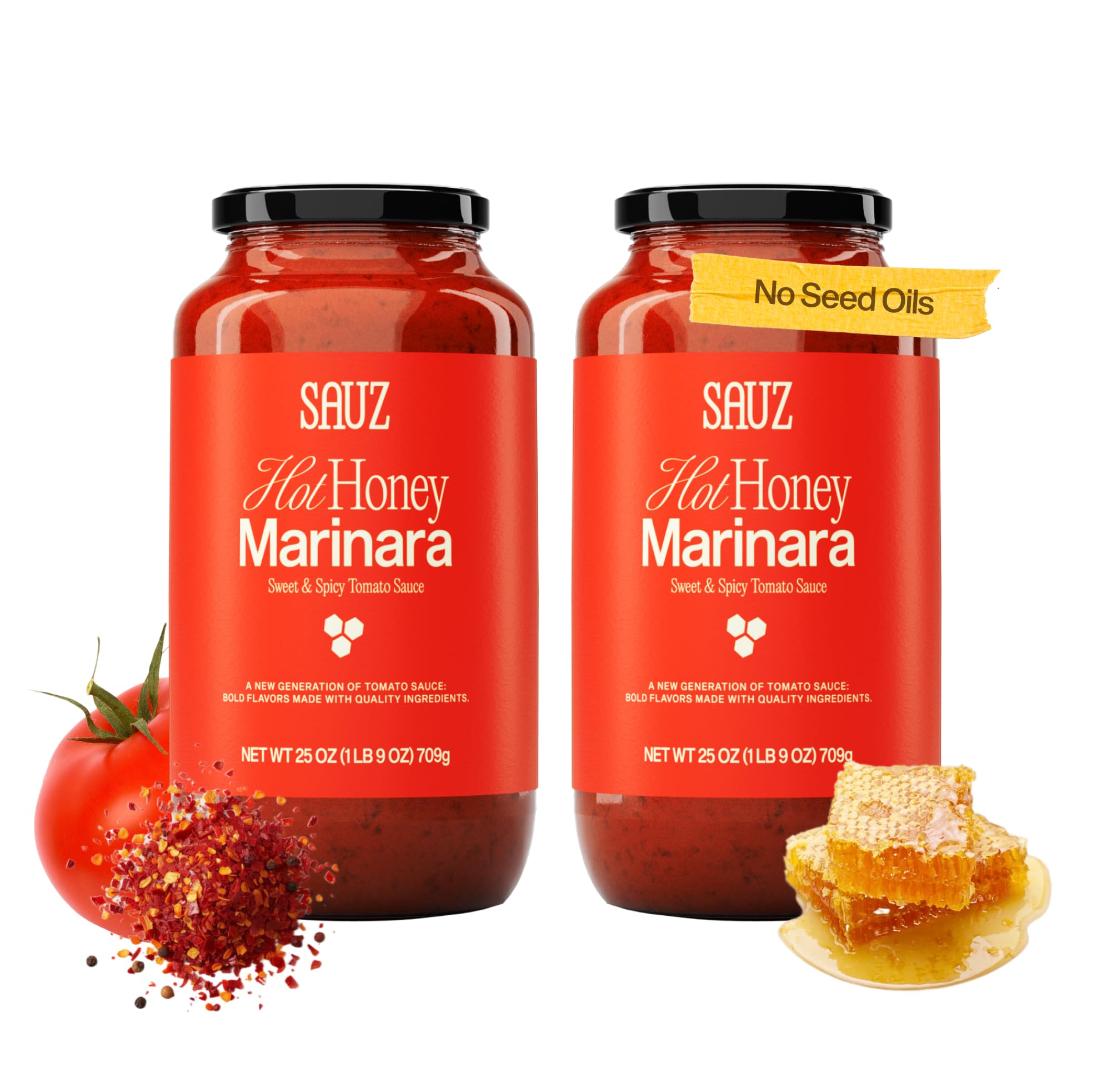 Sauz Hot Honey Marinara Sauce | Clean Ingredients, No Seed Oils, Gluten-Free | Sweet & Spicy Tomato Sauce for Pasta, Pizza, Spaghetti & More | Crafted