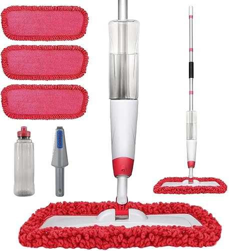 Spray Mops for Floor Cleaning, Microfiber Spray Cleaning Mop Kit with 3 Reusable Washable Pads 700ML Refillable Bottle and Scrubber Flat Mop with 360