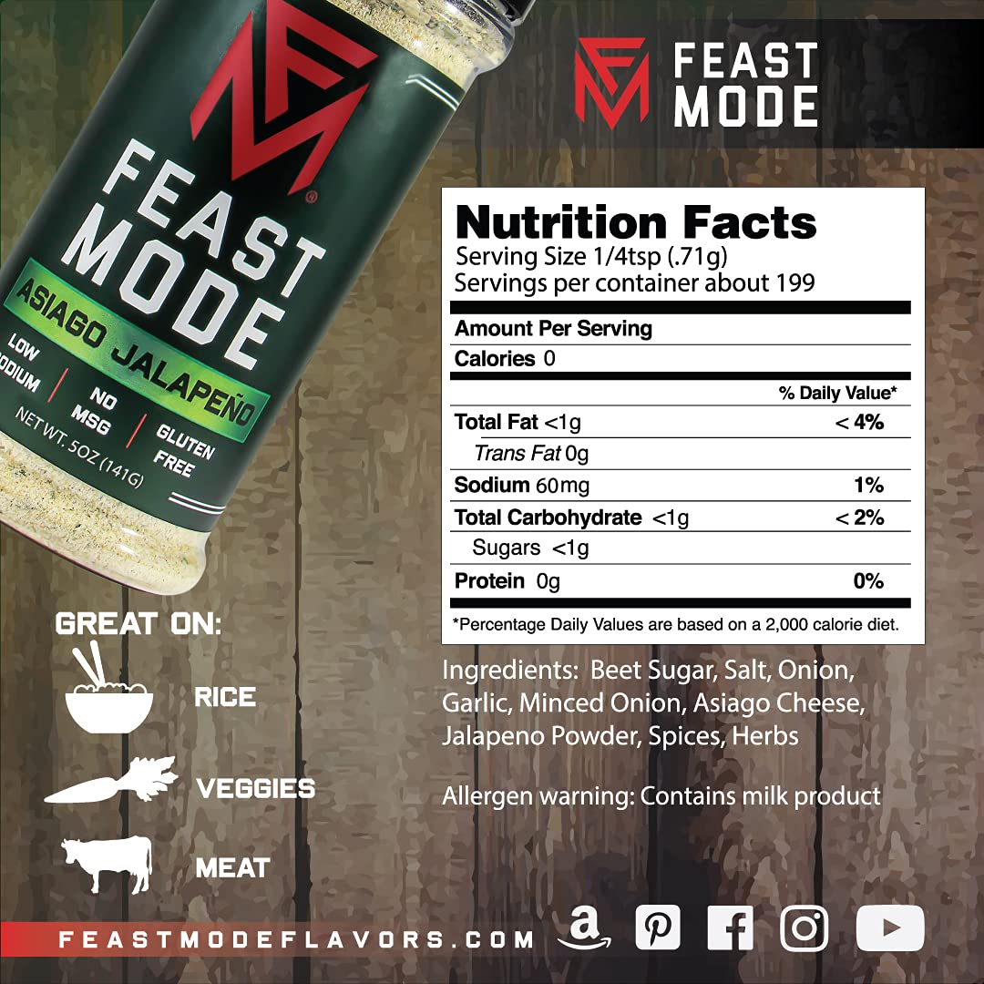 Asiago Jalapeno - Feast Mode Flavors - Low Sodium, No MSG, Gluten Free, All Natural, Meal Prep Seasoning, Healthy, Asiago Cheese Powder, Jalapeno