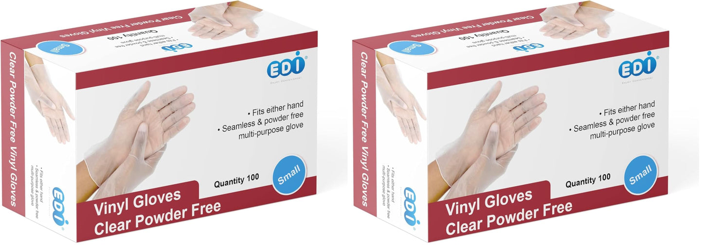 EDI Disposable Vinyl Gloves (Clear) - Powder-Free, Latex-Free (100, Small)