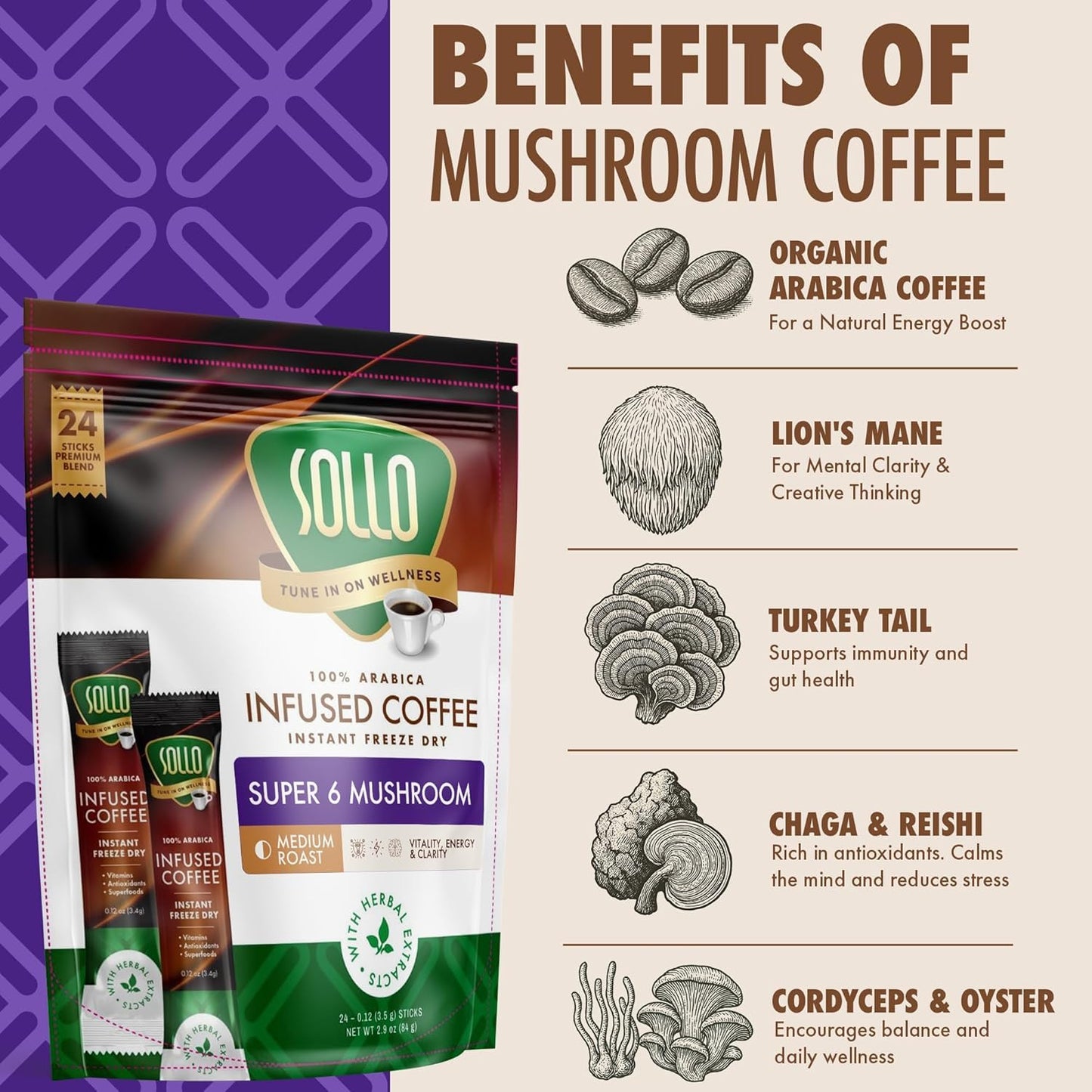 Sollo Super 6 Mushroom Blend Instant Coffee Sticks Medium-Dark Roast 100% Arabica Freeze-Dried 24 Single-Serve Sticks with 6 Functional Mushrooms