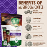 Sollo Super 6 Mushroom Blend Instant Coffee Sticks Medium-Dark Roast 100% Arabica Freeze-Dried 24 Single-Serve Sticks with 6 Functional Mushrooms