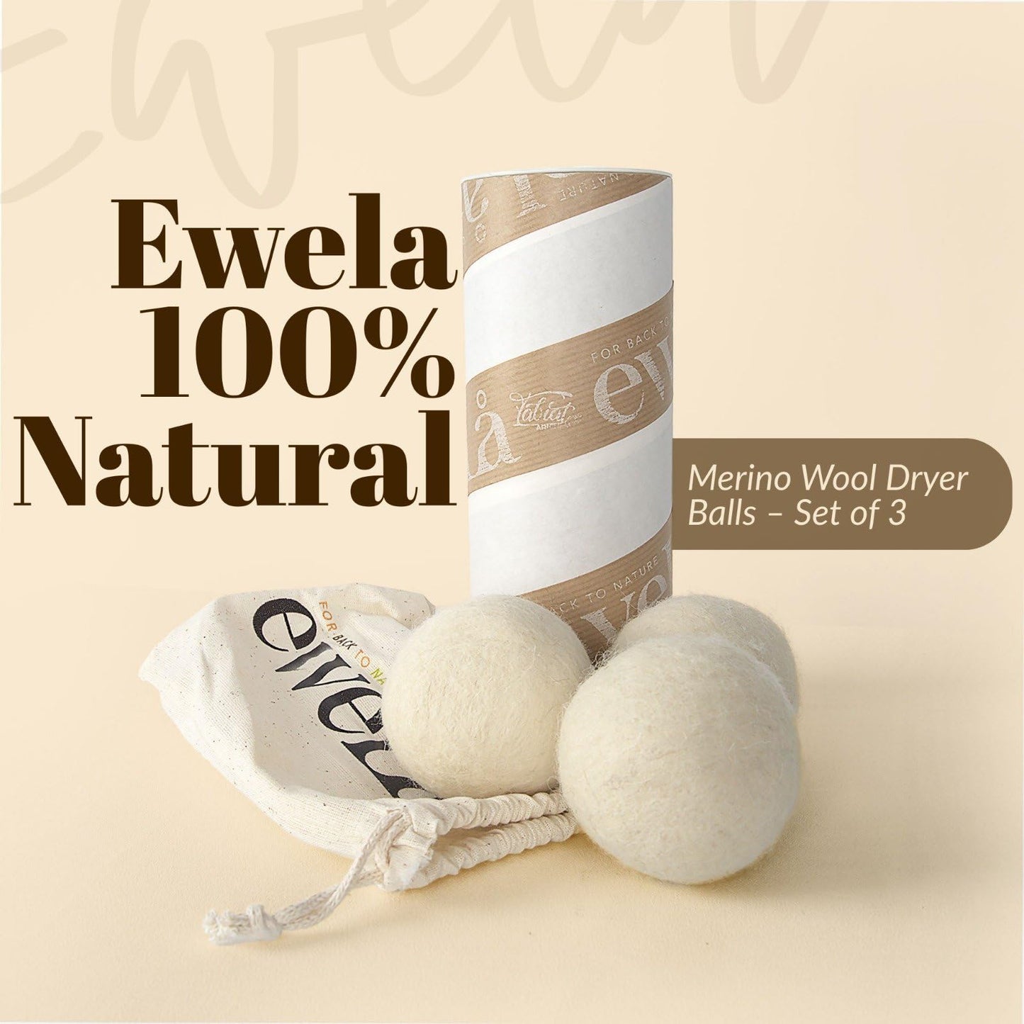Ewela 100% Natural Merino Wool Dryer Balls, Set of 3, Reusable Chemical-Free Fabric Softener, Natural White, 7-8 cm Diameter