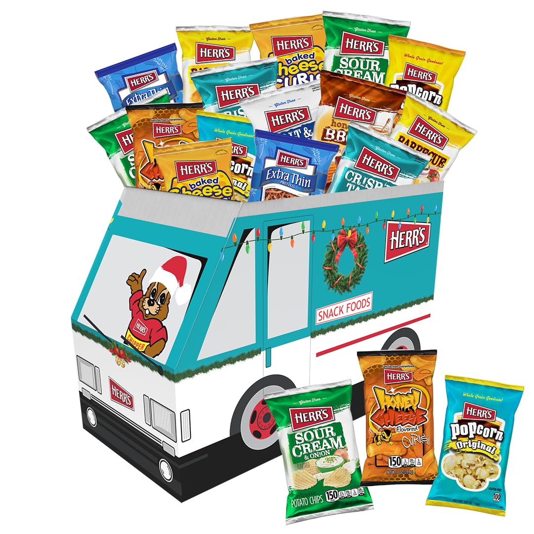 Herr's Variety Snack Holiday Truck Box, Assorted Flavors, 42-Pack - Crisp 'N Tasty, Barbecue, Sour Cream & Onion Potato Chips, Cheese Curls, Pretzels