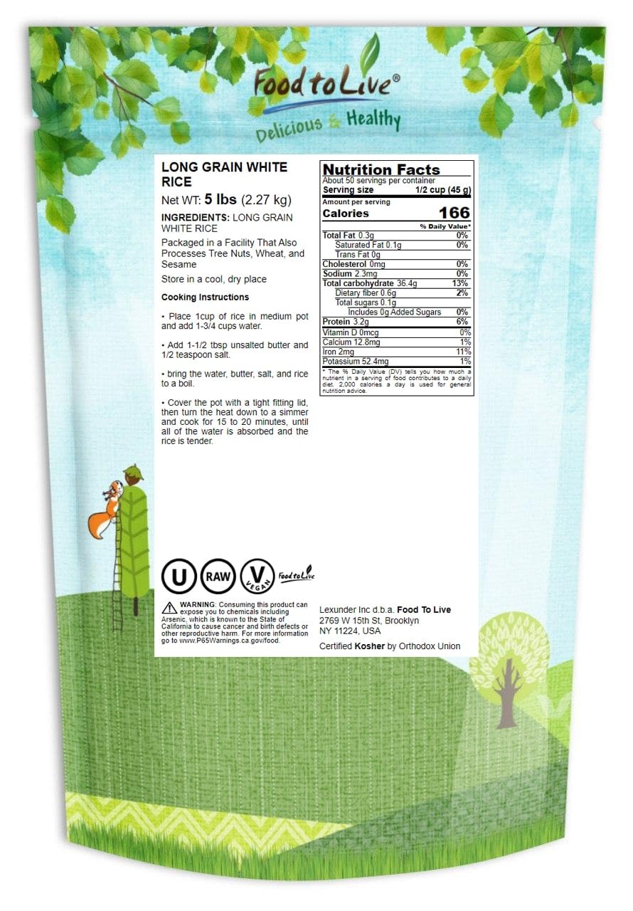 Food to Live Long Grain White Rice, 5 Pounds Raw, Vegan, Kosher. Easy to Cook. Stays Separate and Fluffy. Rich in Iron and Low in Fat. Great as Side Dish. Perfect for Stuffing, Pilafs, and Salads