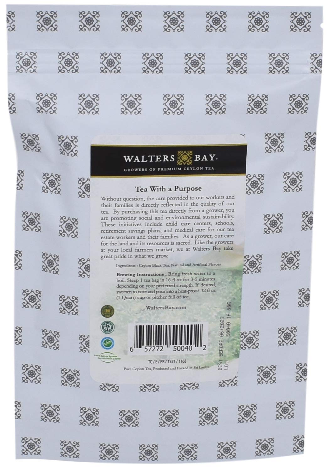 Walters Bay Raspberry Iced Tea, 12 Count, Quart Sized Tea Bags, Ceylon Black Tea, Unsweetened, 100% Hand Plucked, Delicious Raspberry Tart Flavor, Sri