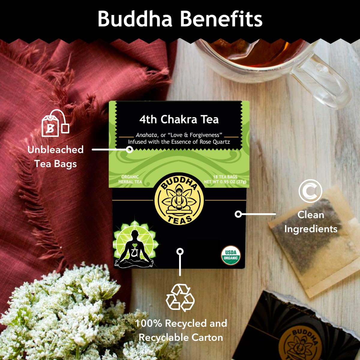 Buddha Teas - 4th Chakra Tea - Organic Herbal Tea - For Balance, Love & Forgiveness - With Hawthorn Berry, Lavender, Hyssop & Rose Quartz Essence - OU