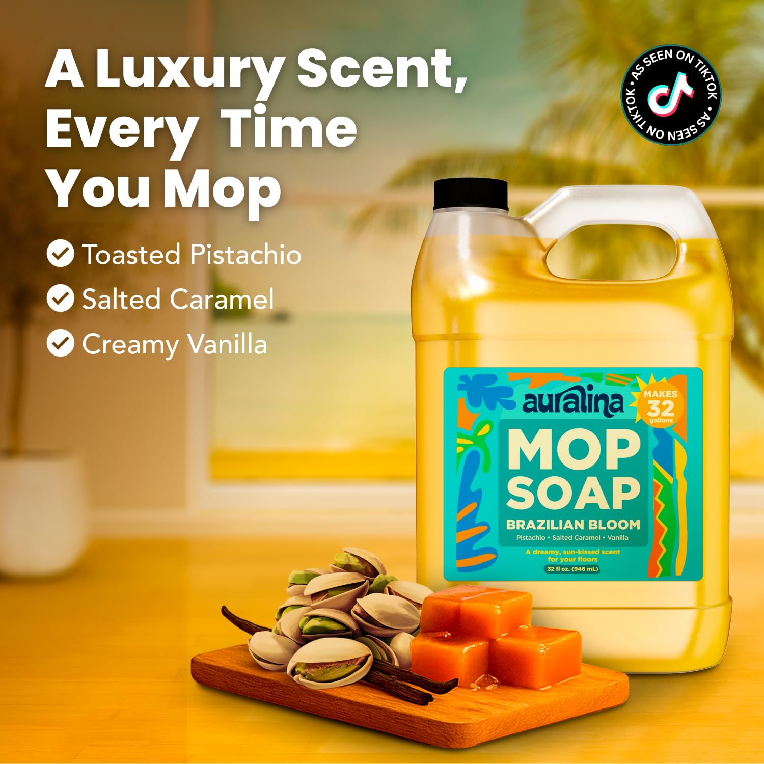 Auralina Mop Soap Luxury Highly Scented Brazilian Waves Concentrated Formula - Best Smelling Floor Cleaner for Mopping Hardwood, Tile, Wood & Laminate