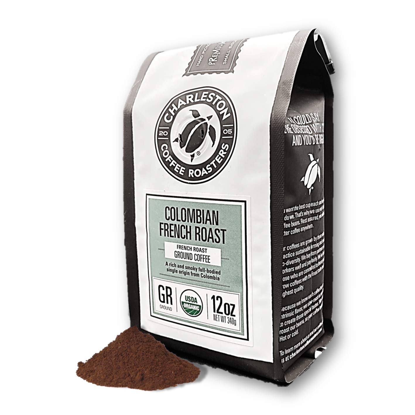 Charleston Coffee Roasters | Specialty Organic Ground Bag | Hand Picked, Premium Slow Roast (Colombian French, Bold Roast) 12oz