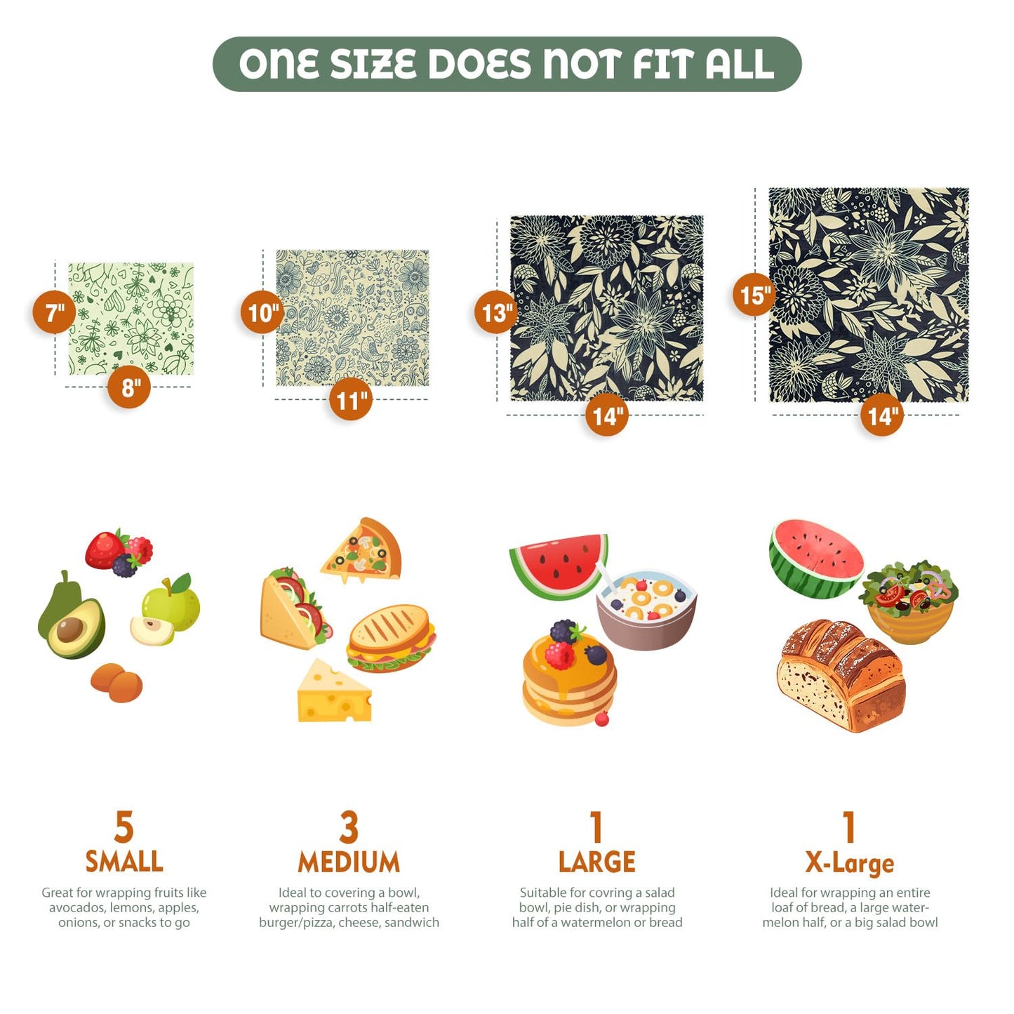 Akeeko Reusable Beeswax Food Wraps - Assorted 9 Packs, Reusable, Plastic-Free Food Storage, 5 Small, 2 Medium, 1 Large, 1 Extra Large Wraps
