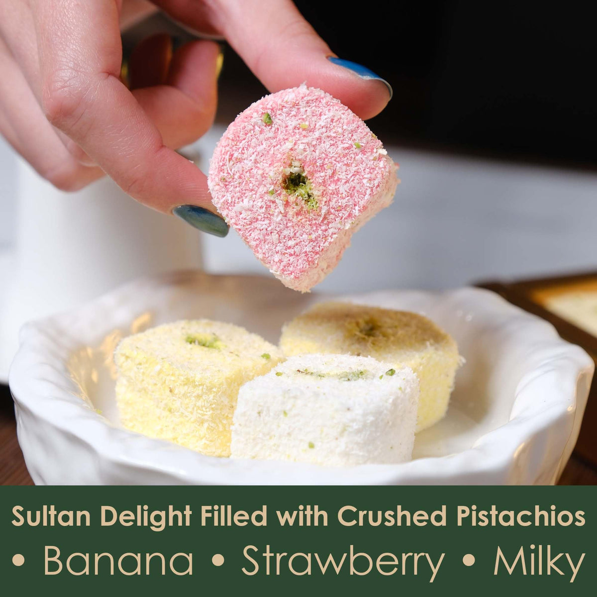 Turkish Delights Candy Gift Box - Mixed Sultana Turkish Delight with Pistachio Center, Strawberry, Milky & Banana Lokum, Traditional Turkish Food