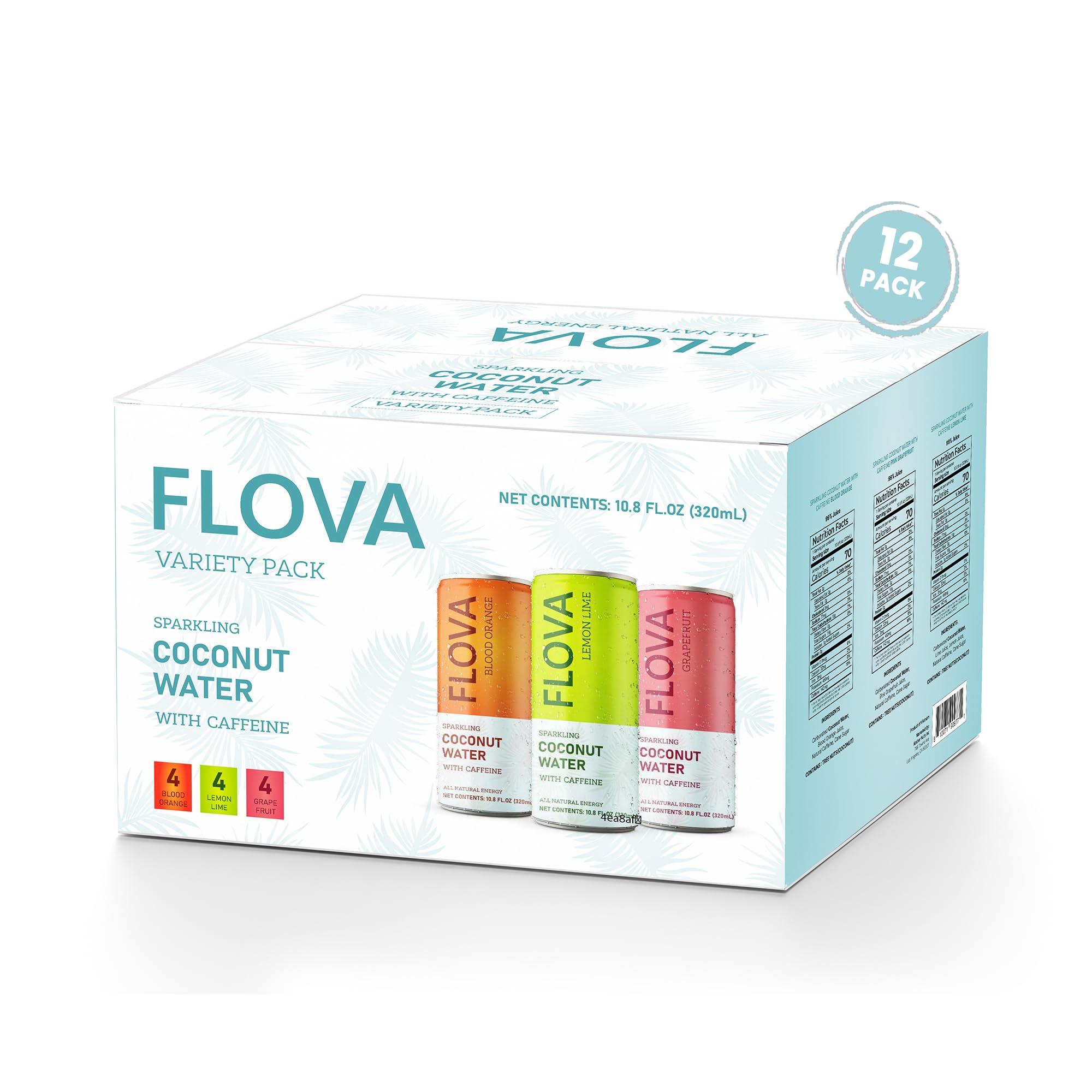 Flova Energy Drink, All Natural, Electrolytes and Minerals from Coconut Water, 4 Simple Easy to Pronounce Ingredients, 99% Juice, Assorted Pack of 12