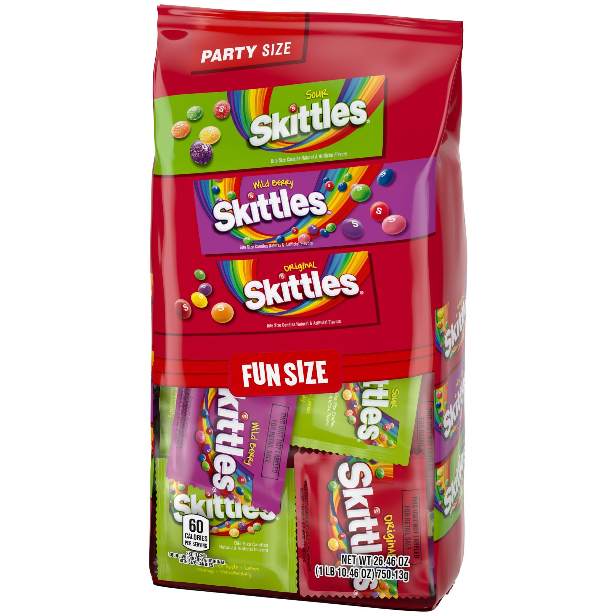 Wrigley's Skittles Fun Size Original, Wild Berry, and Sour Chewy Individually Wrapped Stocking Stuffers Christmas Candy Variety Pack, 26.46 Oz Bulk