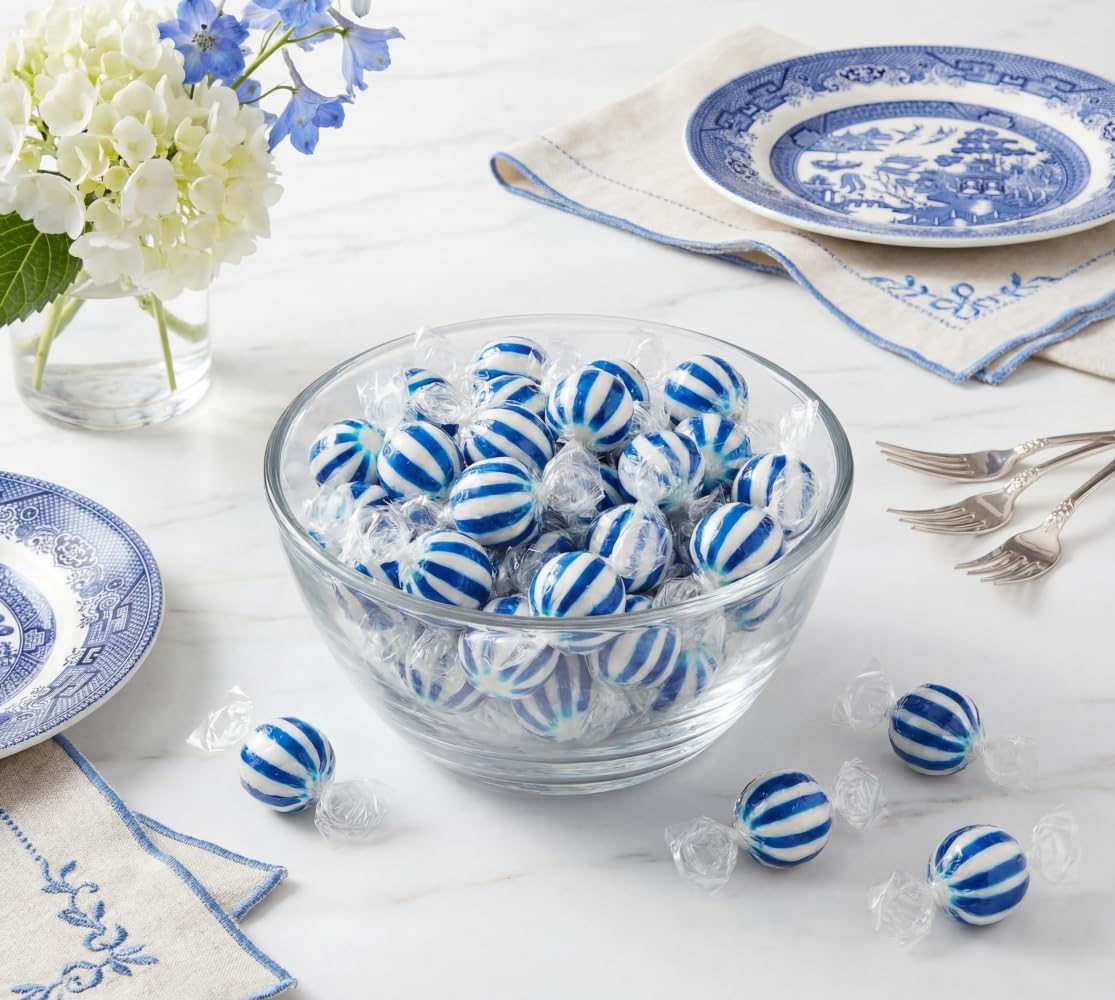 Jumbo Blue Raspberry Striped Candy Balls - 2 lbs of Fresh Individually Wrapped Blue White Sweet Hard Candy Suckers