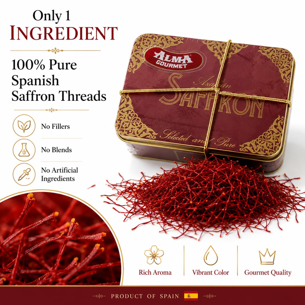 Alma Gourmet Spanish Saffron Threads 1 oz (28g) - 100% Pure Saffron Spice from Spain, Premium Cooking Seasoning with Natural Saffron Strands