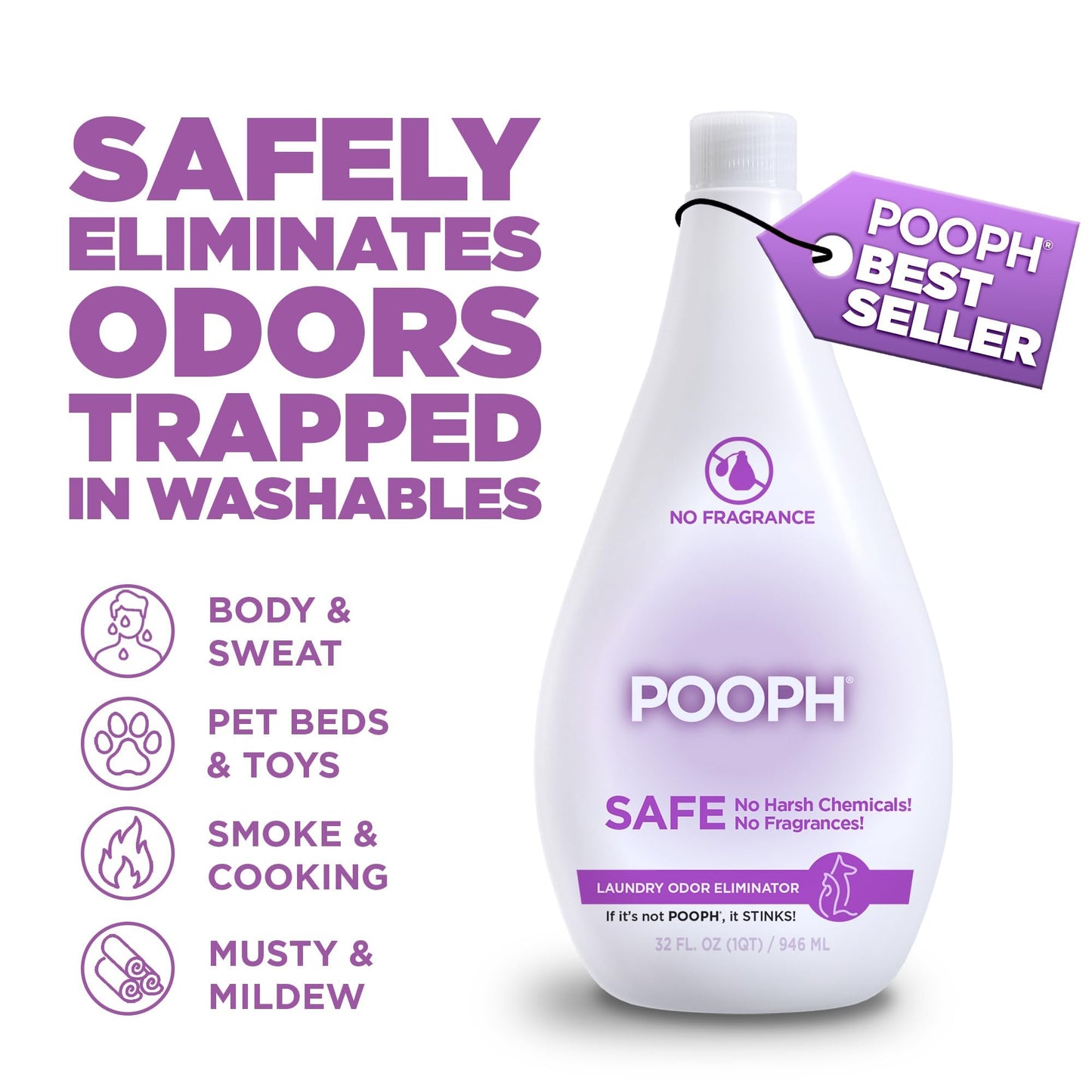 POOPH® Laundry - 32oz Bottle (16 Loads) - Eliminates The Toughest Odors in a One Wash - With No Fragrances. Just Add 2oz With Laundry Detergent - No