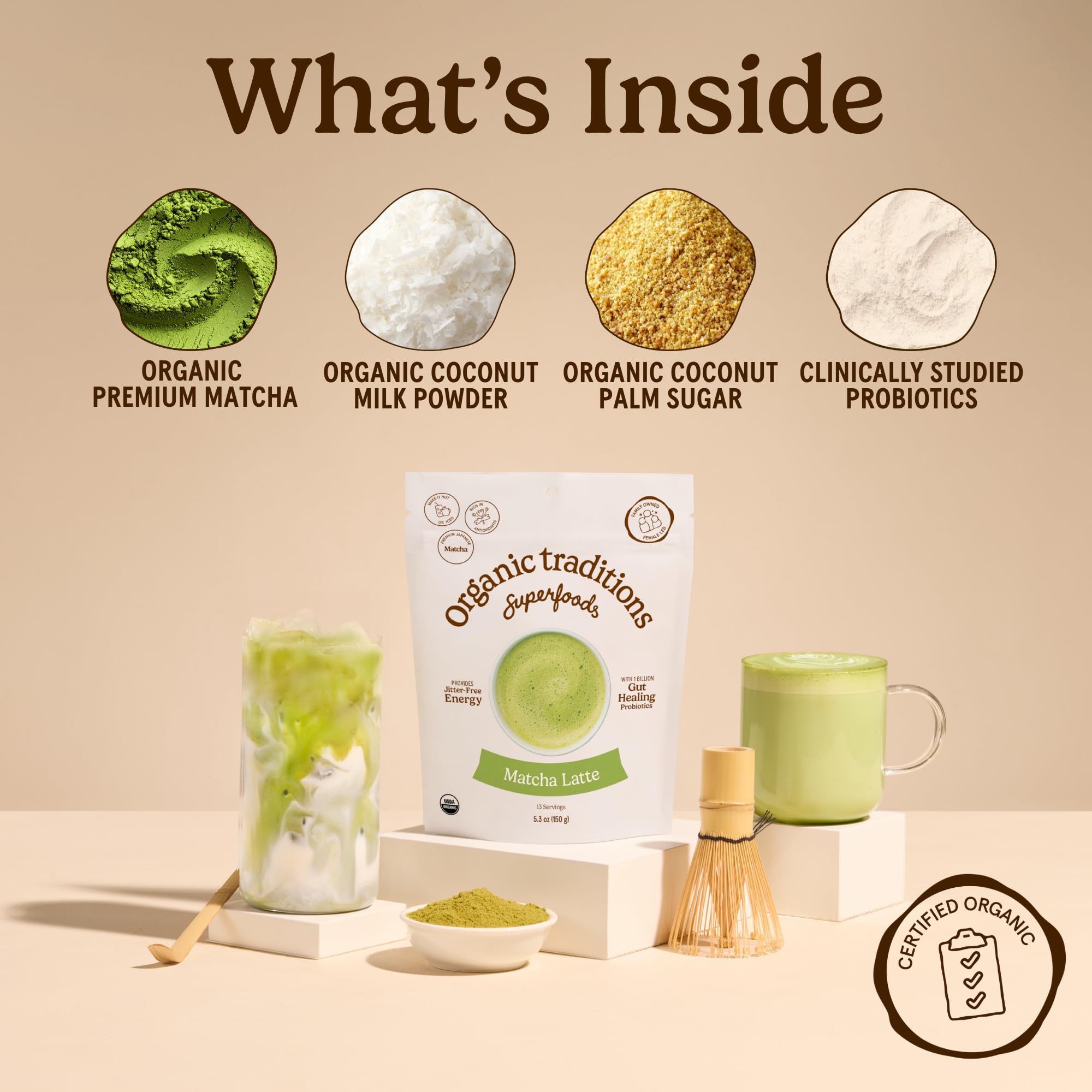 Organic Traditions Matcha Latte Powder, Japanese Matcha Green Tea With Coconut Milk, Naturally Occurring Caffeine And L Theanine, Lightly Sweetened