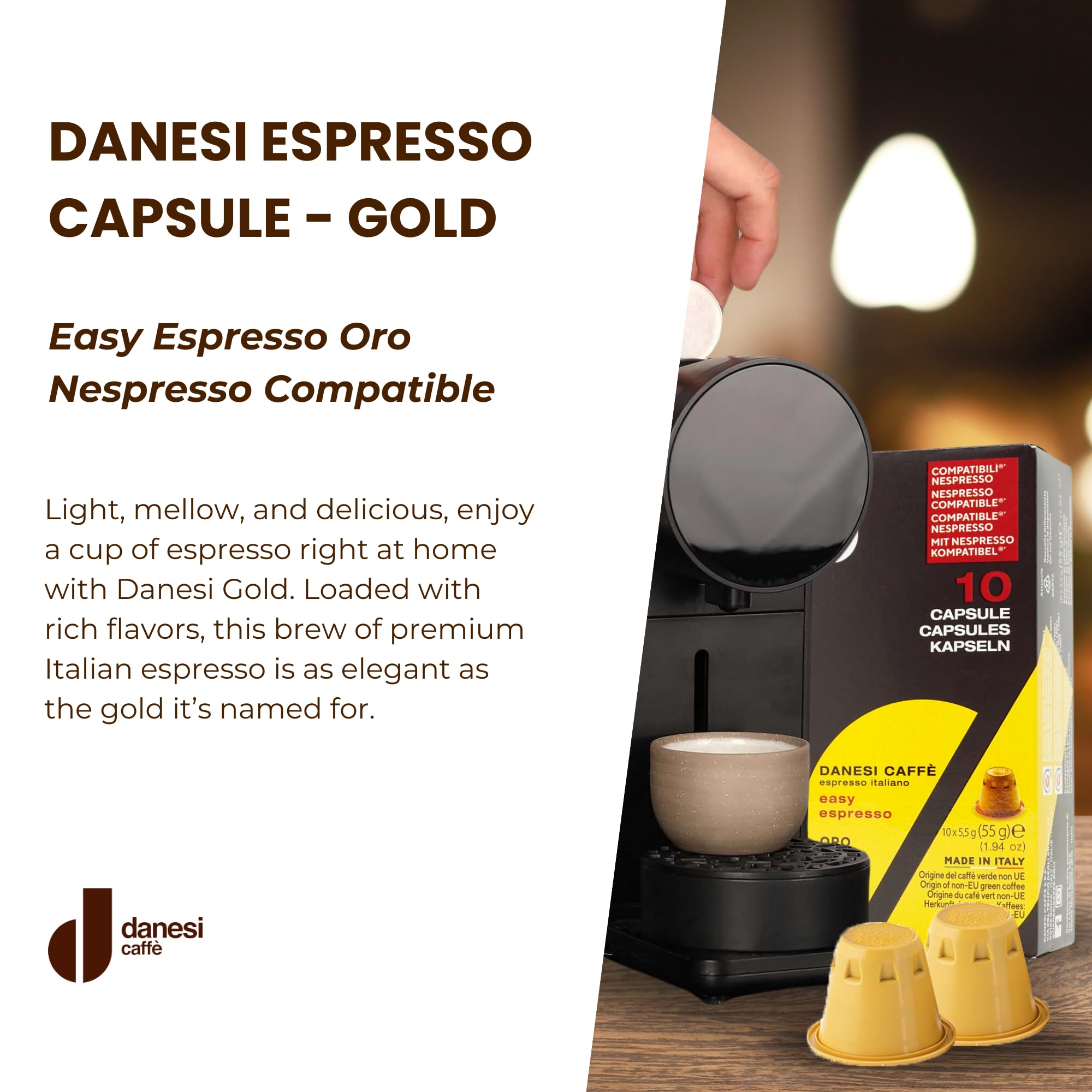 Danesi Caffe Italian Coffee Capsules - Medium Roast Espresso Coffee Pods for Home & Office Use - Premium Italian Oro Blend, 100-Count Pack
