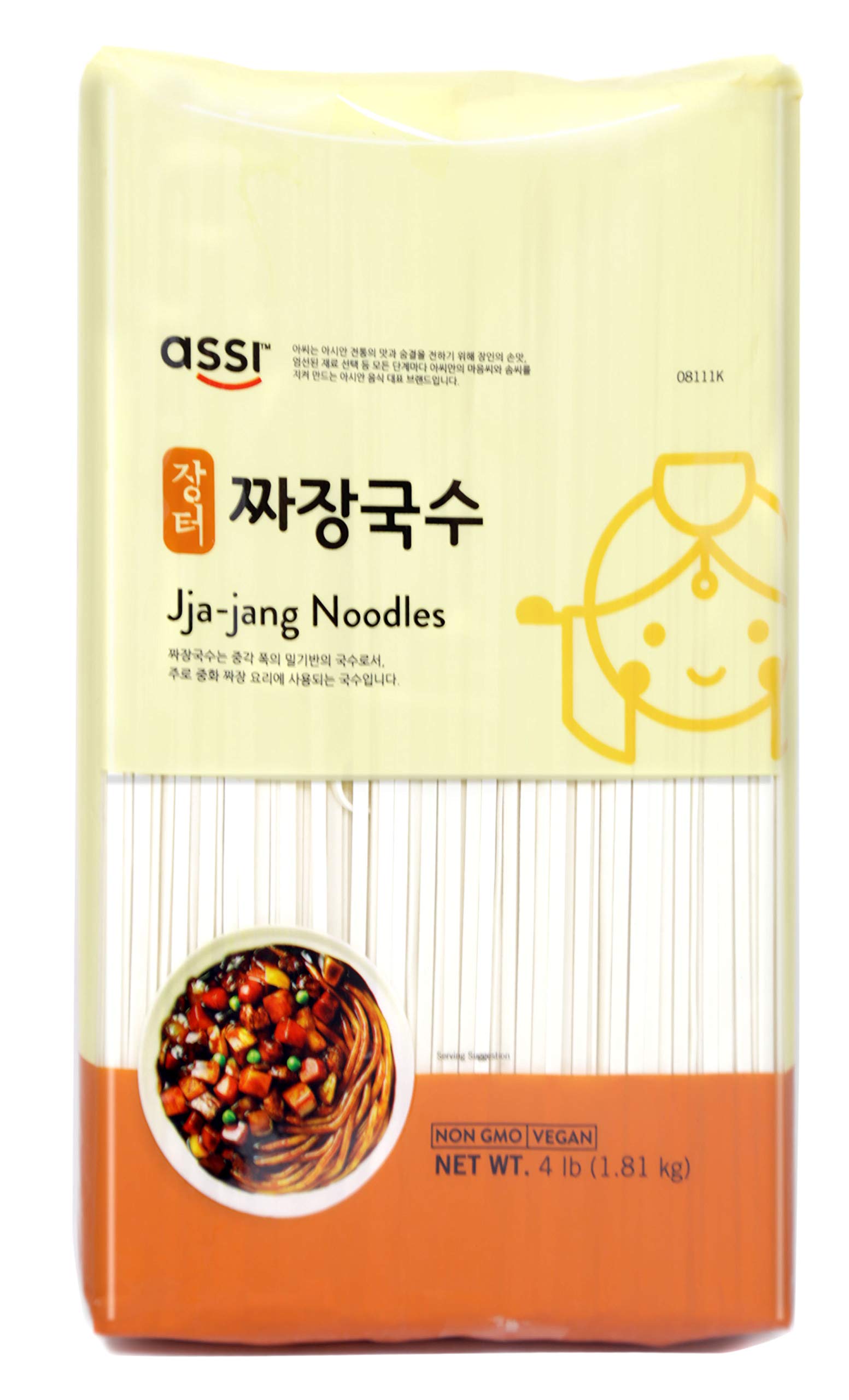 Assi Brand Oriental Style Noodle (Pasta) Dried Noodles, Jjajang, Net WT: 4 LBS (1.8kg) (1-pack)