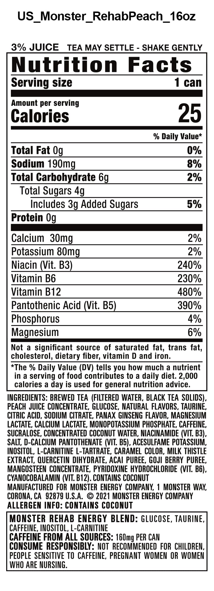 Monster Rehab Peach Tea + Energy, Energy Drink, 15.5 Ounce