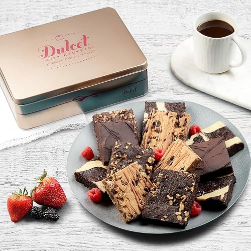 Dulcet Gift Baskets Gourmet Chocolate Brownie Tin Brownie Assortment Delicious Cheesecake, Rocky Fudge, Chocolate Ganache, Brownies Fresh Healthy