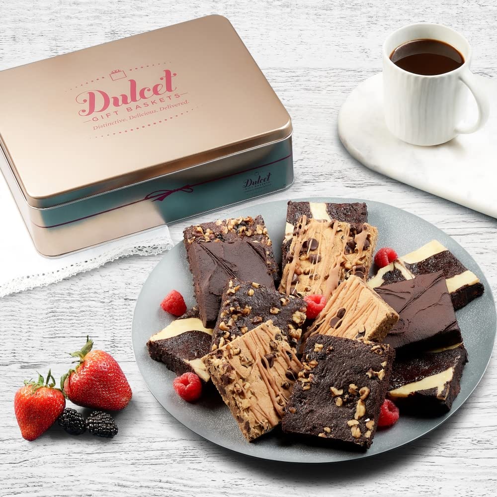 Dulcet Gift Baskets Gourmet Chocolate Brownie Tin Brownie Assortment Delicious Cheesecake, Rocky Fudge, Chocolate Ganache, Brownies Fresh Healthy