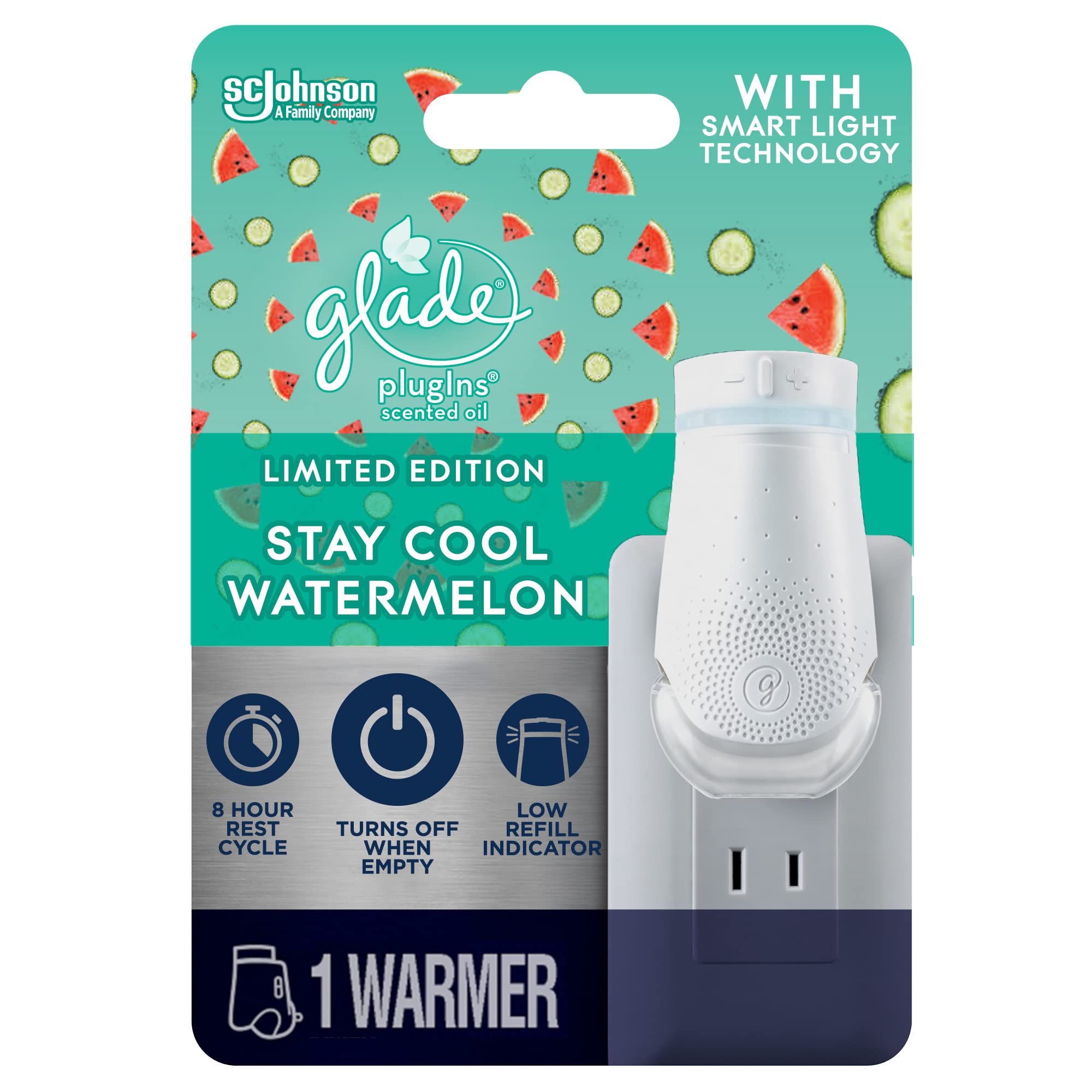 Glade PlugIn Plus Air Freshener Starter Kit, Scented Oil for Home and Bathroom, Stay Cool Watermelon, 0.67 Fl Oz, 1 Warmer + 1 Refill Clear