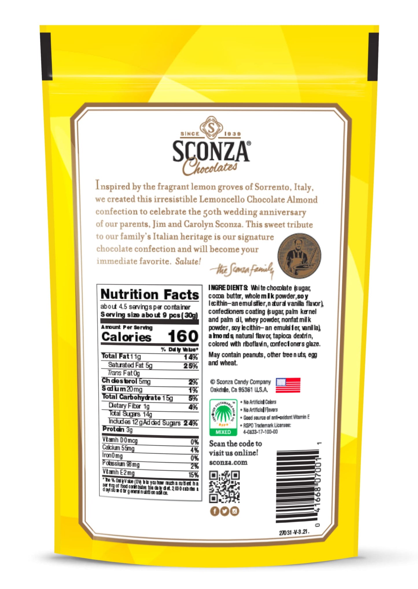 Sconza Lemoncello Lemon Cream & White Chocolate Almonds | Inspired by Italy's Lemon Groves | Made in the USA | Pack of 3 (5 Ounce Each)