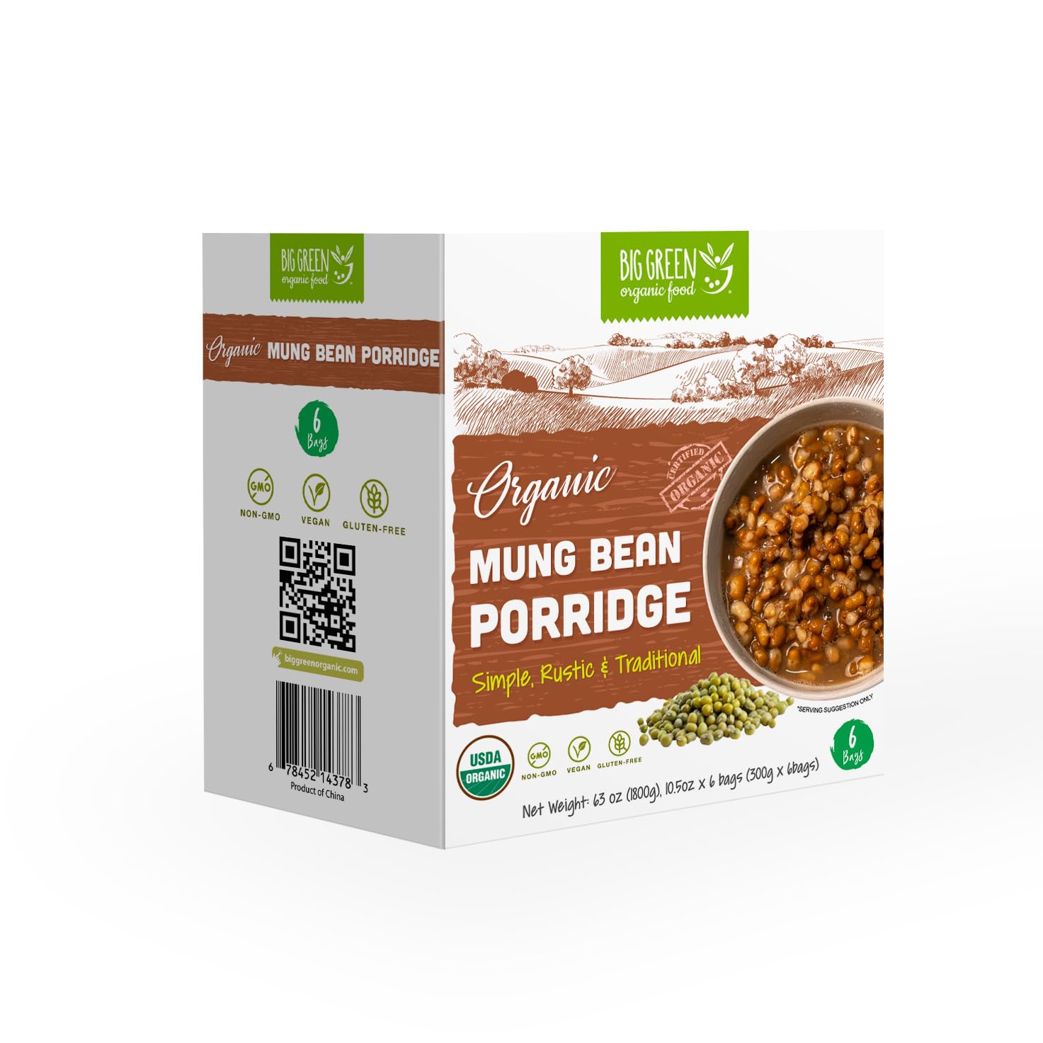 Big Green Organic Food - Organic Mung Bean Porridge, Unsweetened, Non-GMO, Gluten-Free, Vegan, Healthy Breakfast, Easy Instant Porridge Mix (6 Pack)