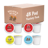 Roasty Buds Coffee Variety Pack Pods 48 Count | Including Mexican Chocolate, French Vanilla, Classic Colombian, and Banana Split | Single-Serve 11g