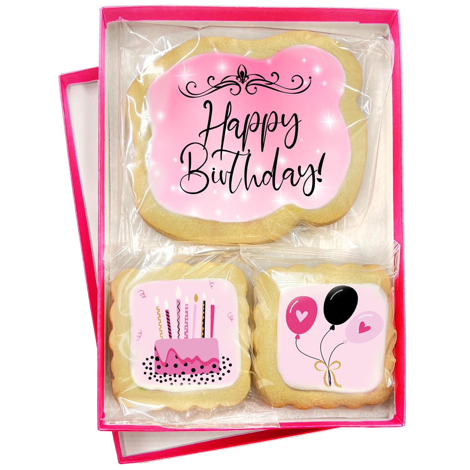 Happy Birthday Cookies 3 pack for Women Girls Teens Gift Basket For Her Mom | Pink Cookie Treats Cake Balloons | Individually Wrapped