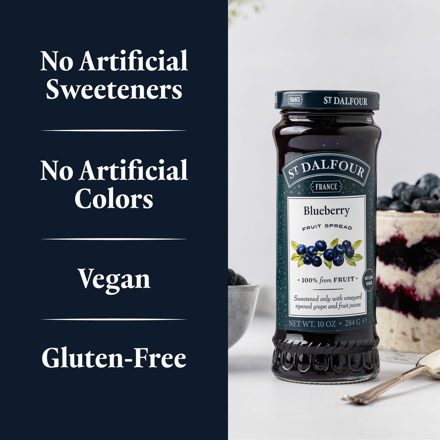 St. Dalfour Blueberry Fruit Spread - 10oz - 100% from Fruit, No Artificial Ingredients, Non-GMO, No Cane Sugars, All Natural, Made in France