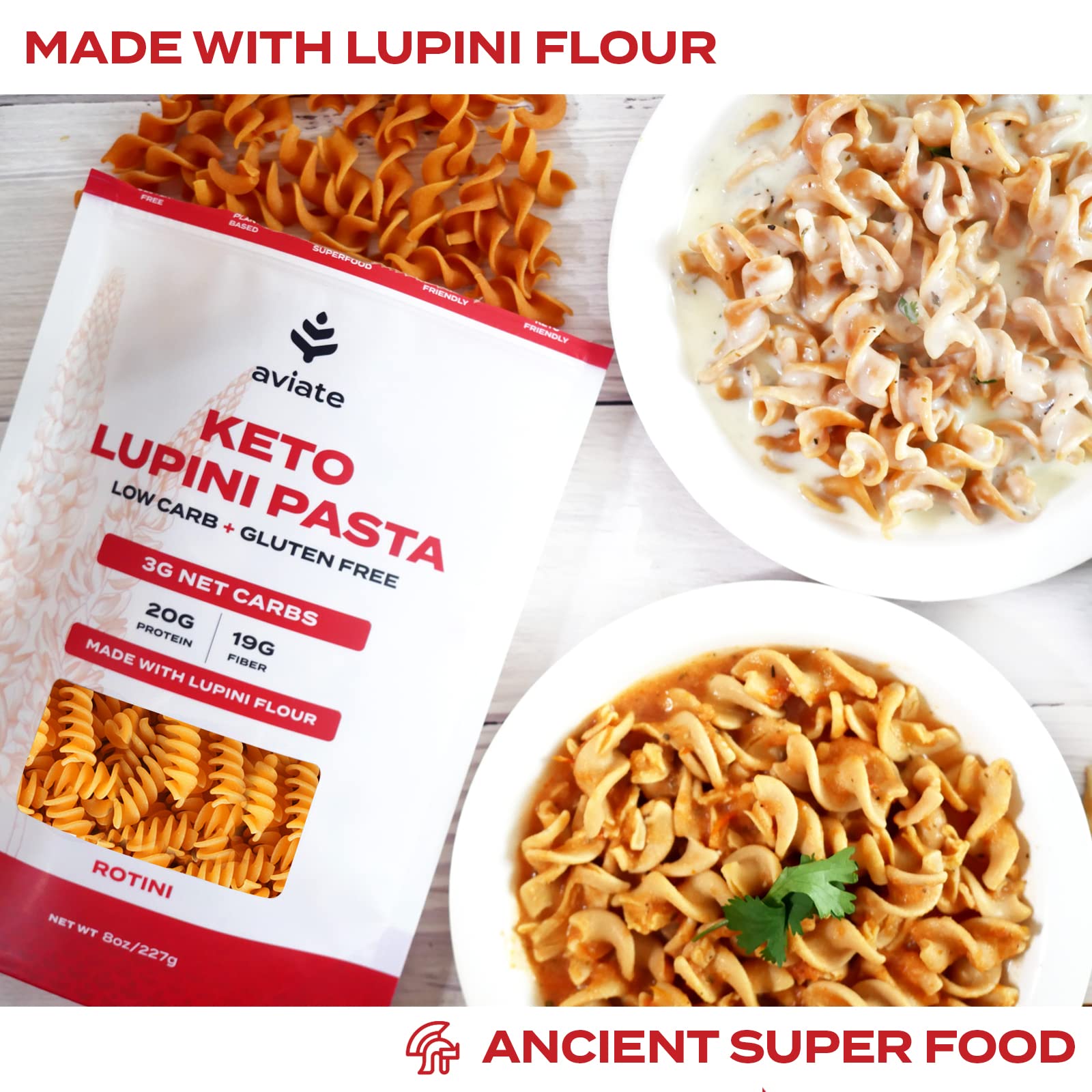 Aviate Keto Pasta Rotini - Low Carb (3g Net) Lupini Noodles, High Protein (20g), Gluten-Free, Made with Lupin Flour, Plant Based Vegan, Keto-friendly