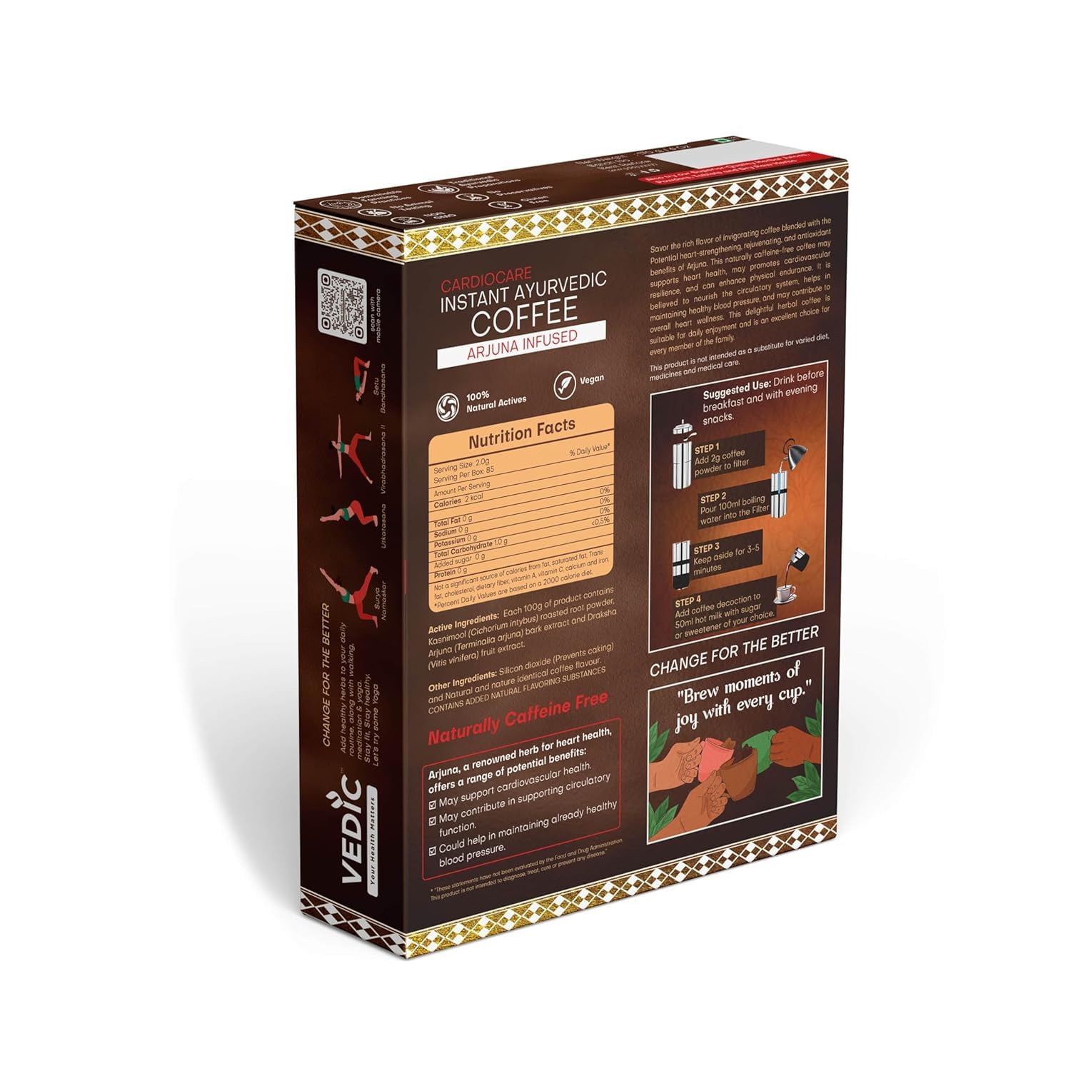 Vedic Cardiocare Instant Ayurvedic Coffee | Arjuna Infused Herbal Beverage | Caffeine Free | Natural Ingredients | Smooth & Gentle Taste | Easy