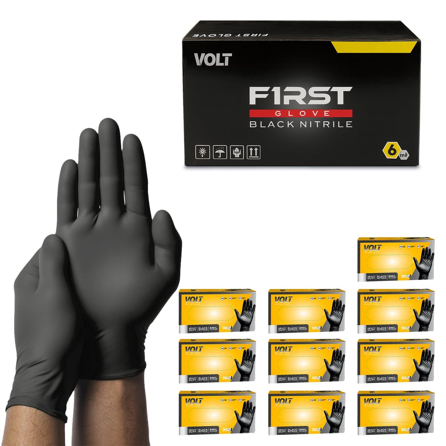 First Glove Volt 6 Mil Black Nitrile Disposable Gloves - 100 Count Large - Food Safe Heavy Duty Gloves for Cooking, Cleaning, Industrial & Food