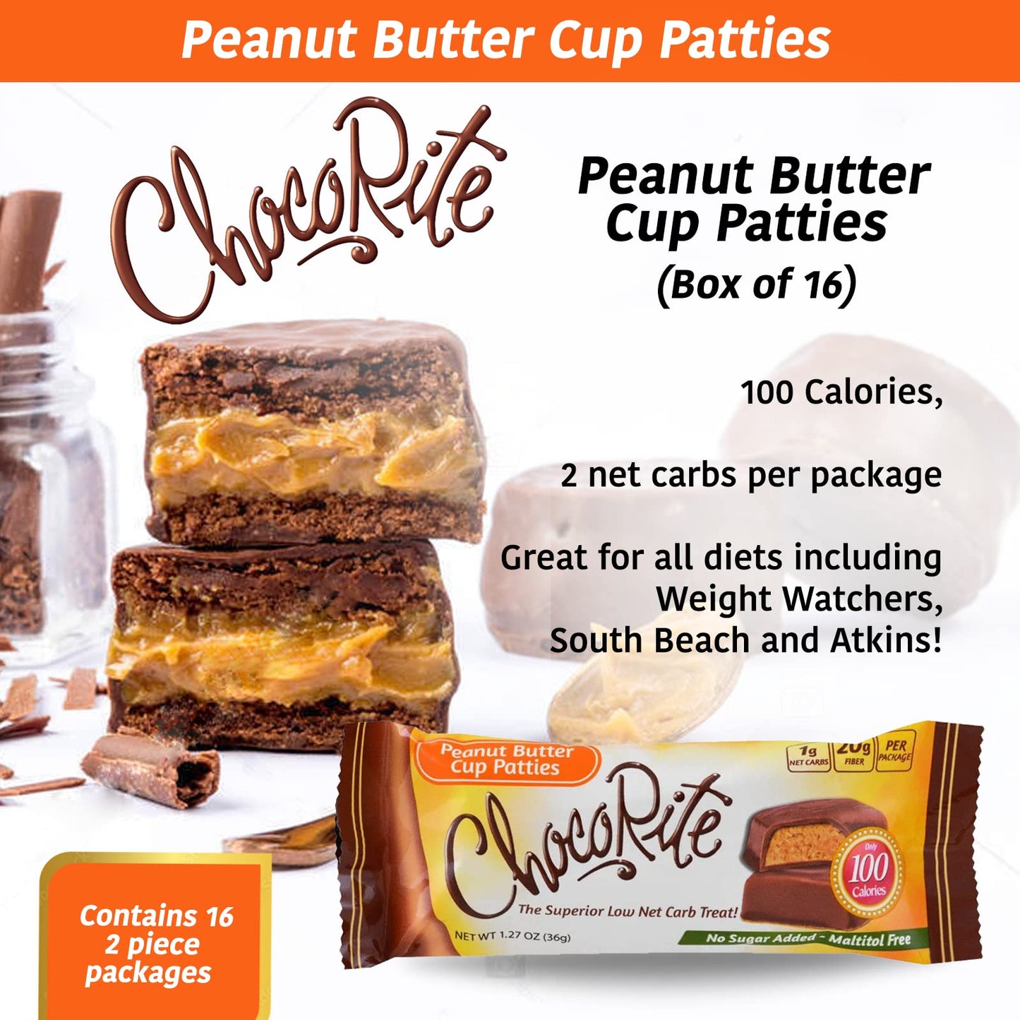 ChocoRite - Diet Peanut Butter Cup Patties- 16/Box - High Fiber - Low Calorie - No Sugar Added