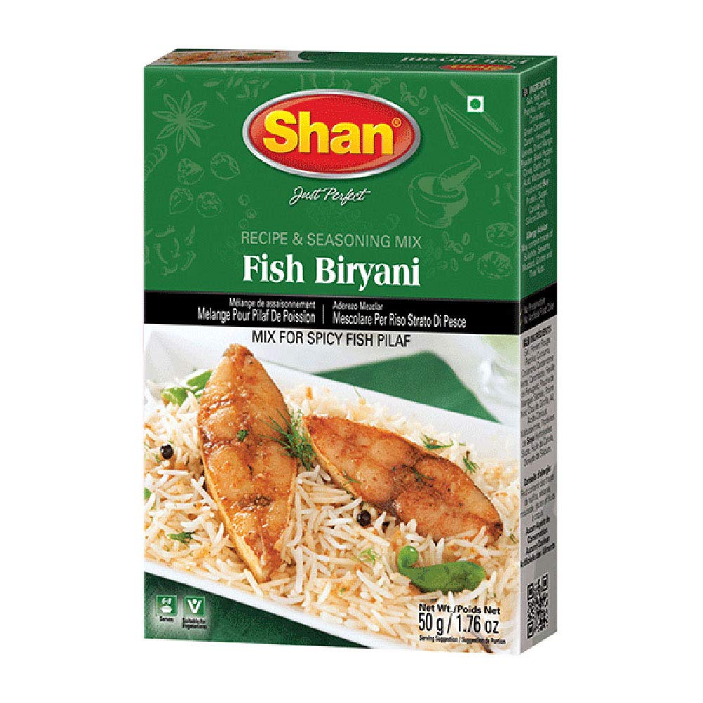Shan Fish Biryani Recipe and Seasoning Mix 1.76 oz (50g) - Spice Powder for Spicy Fish Layered Pilaf - Suitable for Vegetarians - Airtight Bag in