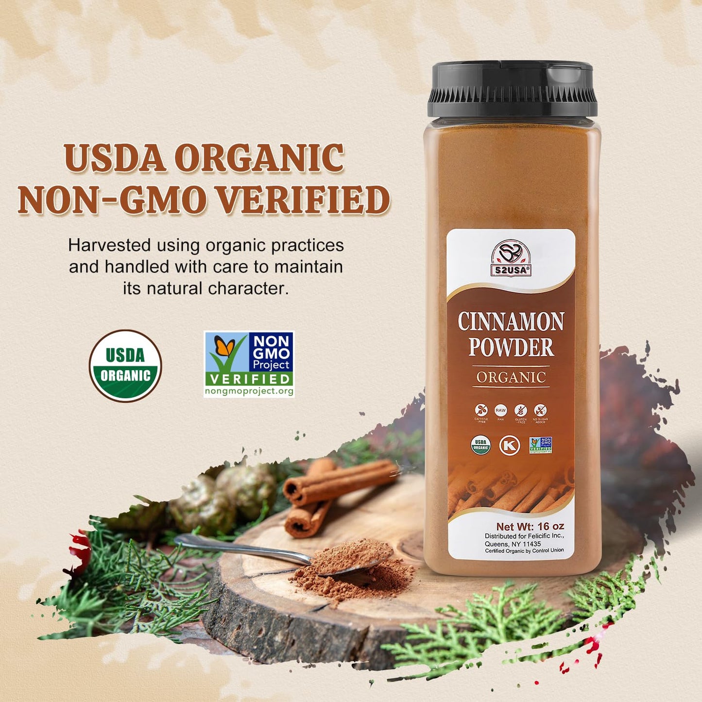 52USA Organic Cinnamon Powder,1 lb (16oz),Pure Ground Cinnamon, 100% Certified,Premium Quality Spice-Great for Baking,Cooking and Drinks,Additive