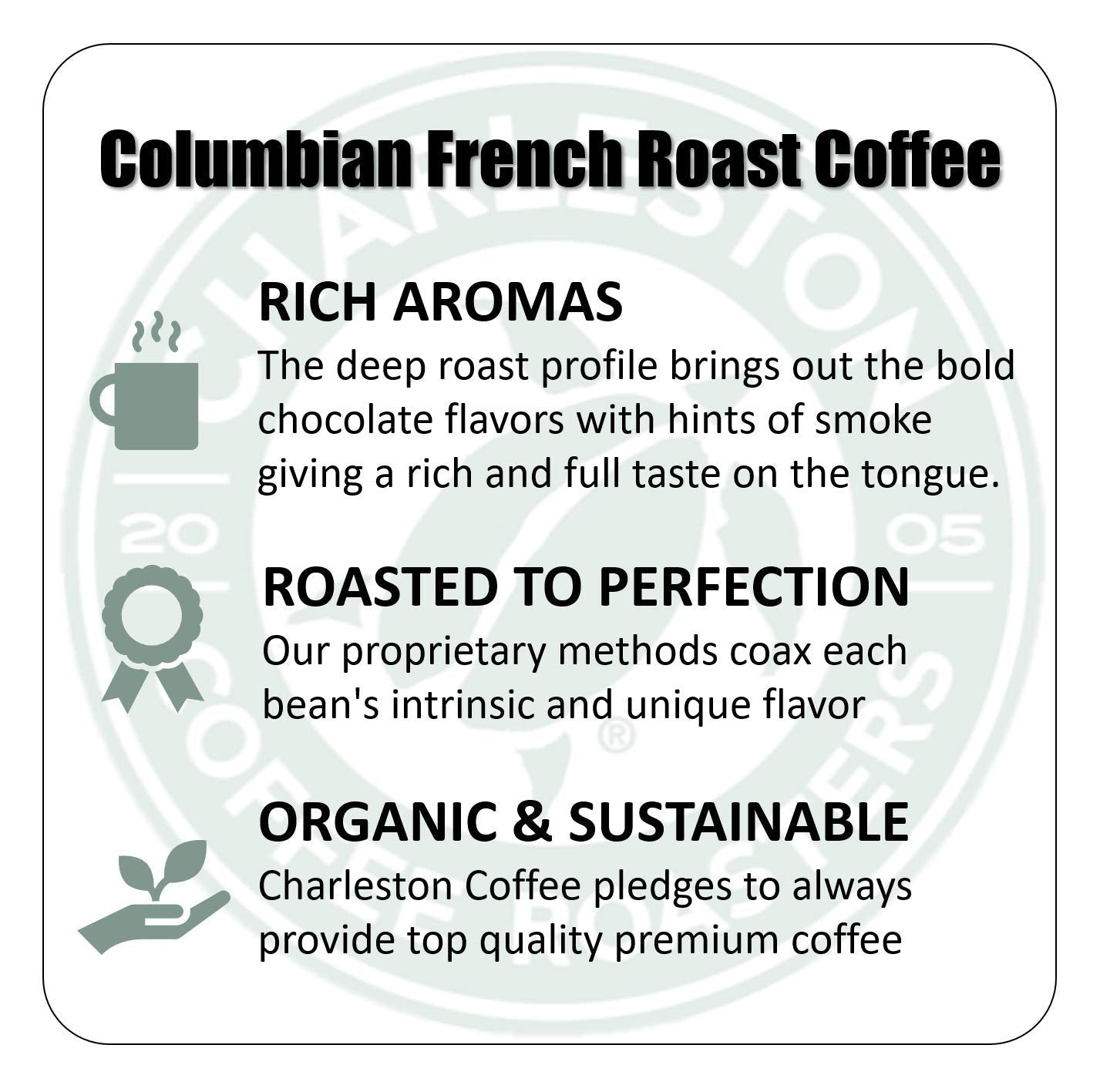 Charleston Coffee Roasters | Specialty Organic Ground Bag | Hand Picked, Premium Slow Roast (Colombian French, Bold Roast) 12oz