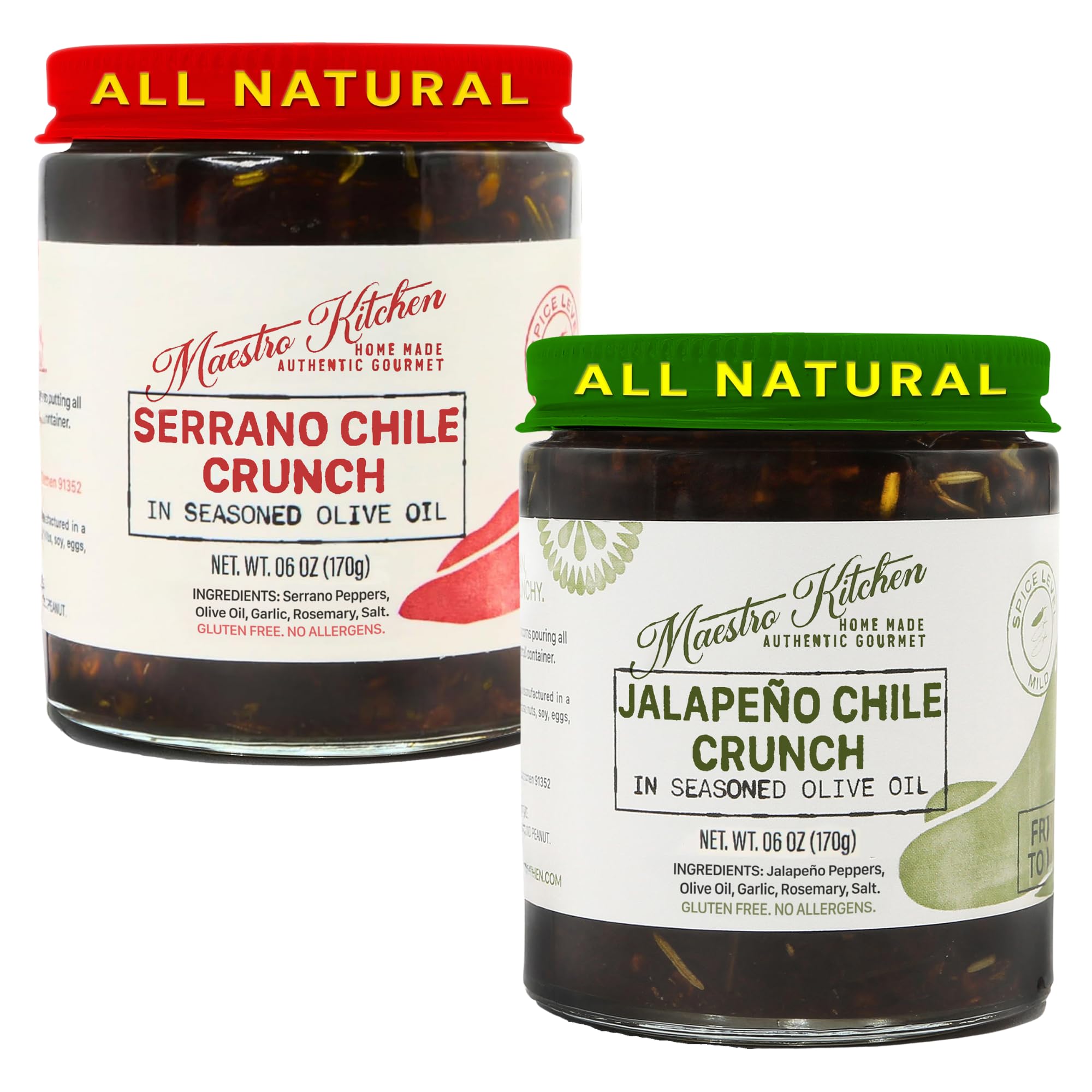 MAESTRO KITCHEN Serrano and Jalapeno Chile Crunch in 100% Olive Oil | Artisan Chili Crisp spicy topping for Thai, Seasoning, Eggs, Taco, Pasta, Snacks